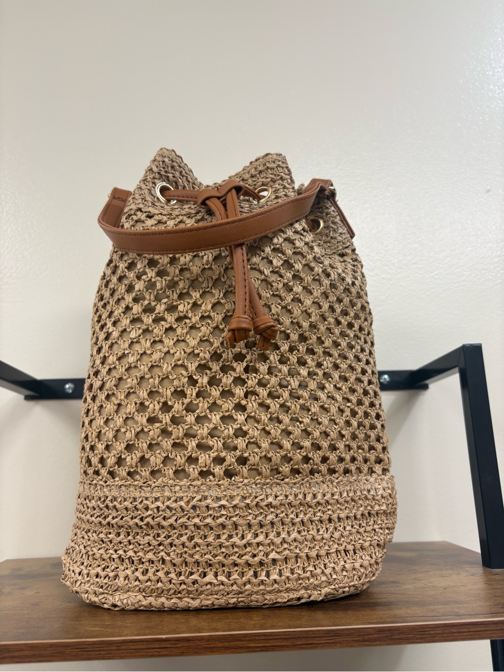 Woven Drawstring Bucket Bag in Tan
